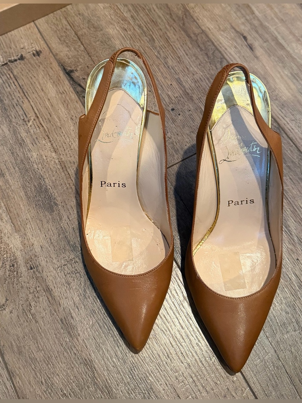 Christian Louboutin Tan Leather Pointed-Toe Slingback Pumps with Gold Heel - Picture 6 of 9